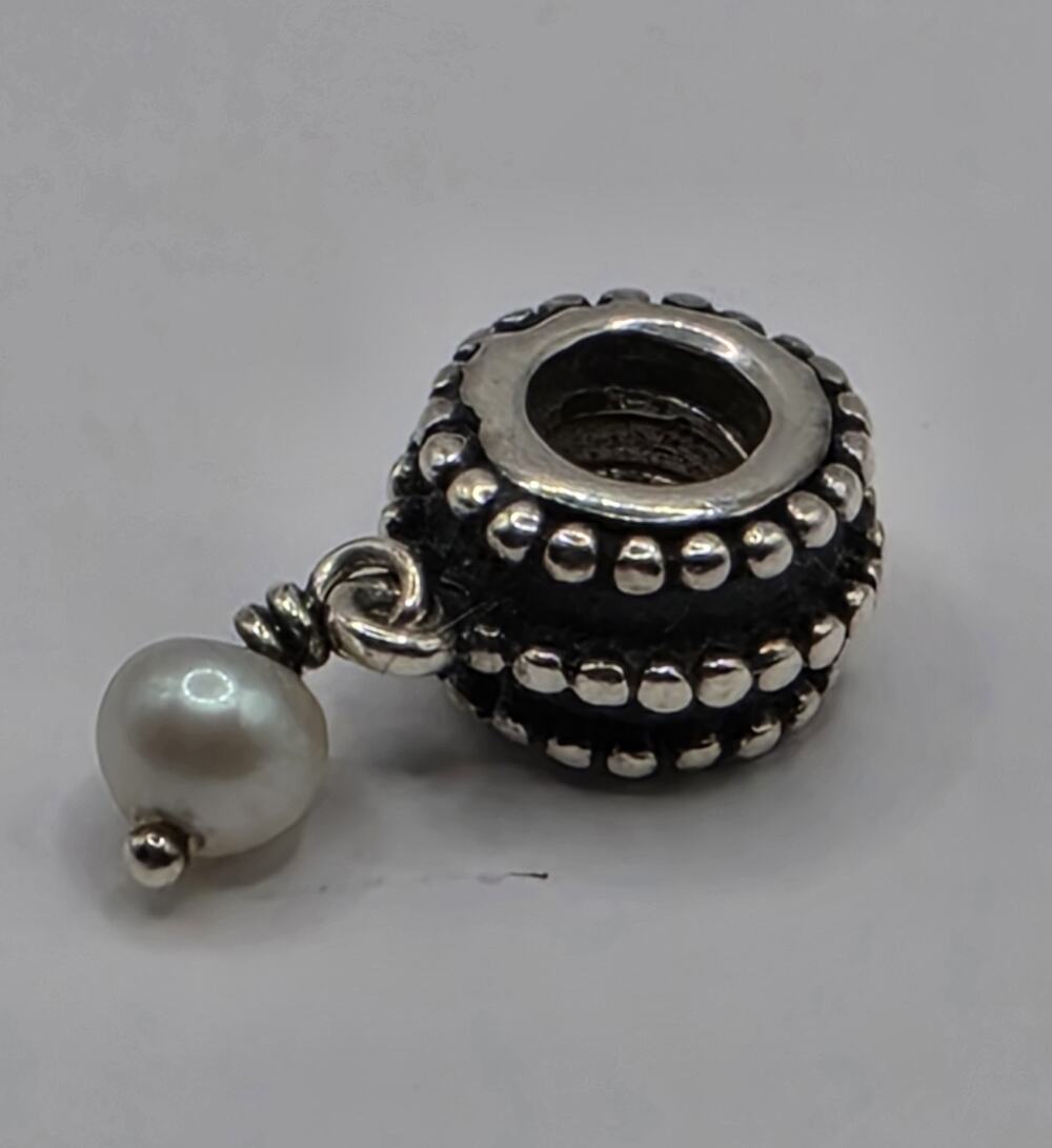 PANDORA Sterling Silver Beveled Pearl Dangle Bead Charm #790132P RETIRED 925 ALE